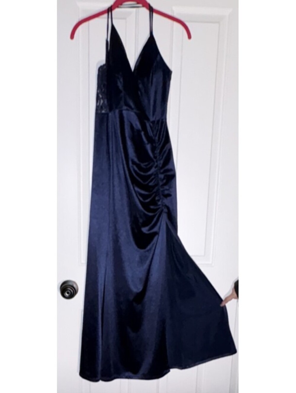 Navy Blue Satin Maxi Dress V-Neck Sleeveless Ruched Strappy Formal Evening